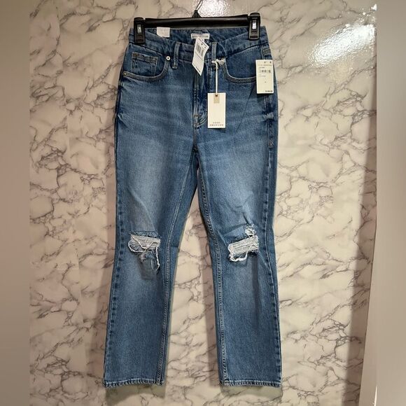 Good '90s Icon Distressed High Waist Crop Straight Leg Jeans Size 24 - Picture 3 of 12